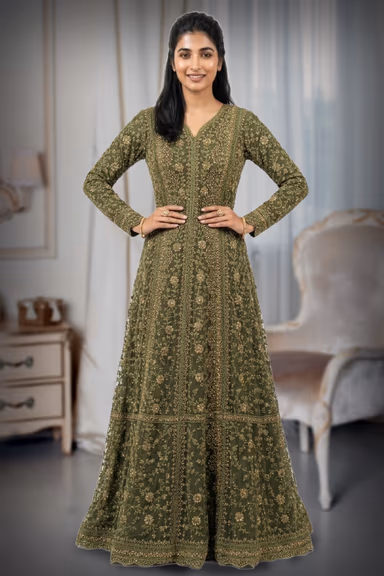 Deep Olive Green Heavily Embellished Floor-Length Anarkali Gown — view 2 of 3