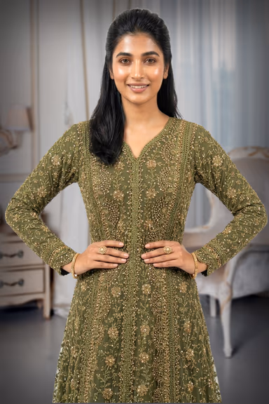 Deep Olive Green Heavily Embellished Floor-Length Anarkali Gown — view 1 of 3