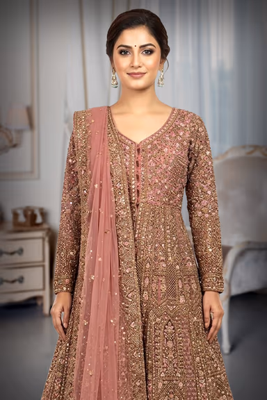 An Exquisite Floor Length Gown In Dusty Rose Featuring All Over Intricate Hand Embroidery Mirror Work And A… — view 1 of 3