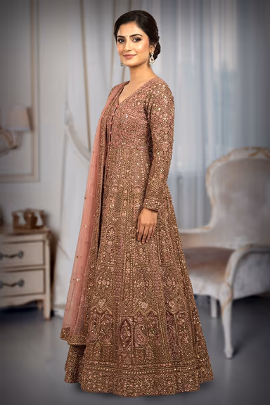 An Exquisite Floor Length Gown In Dusty Rose Featuring All Over Intricate Hand Embroidery Mirror Work And A… — view 2 of 3