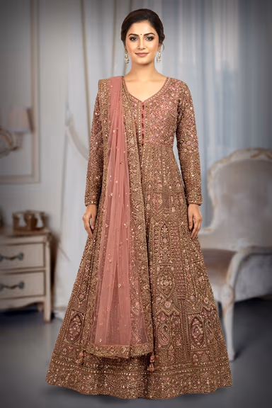 An Exquisite Floor Length Gown In Dusty Rose Featuring All Over Intricate Hand Embroidery Mirror Work And A… — view 3 of 3