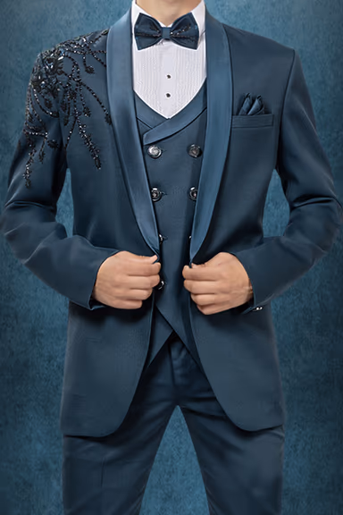 Prussian Blue Handworked Designer Tuxedo In 3 pc Set — view 4 of 4