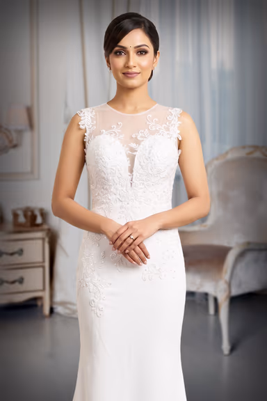 Pure White Lace Appliqué Illusion Sheer Neckline Fitted Bridal Gown with Subtle Train — view 1 of 3