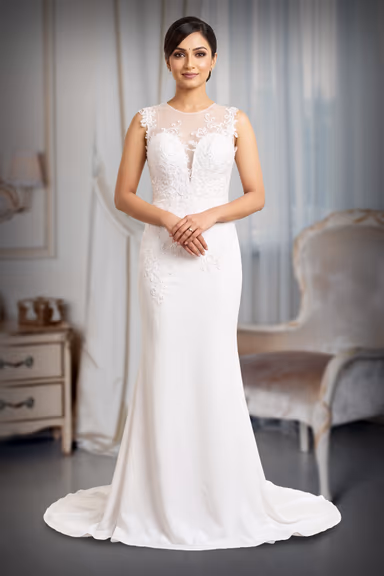 Pure White Lace Appliqué Illusion Sheer Neckline Fitted Bridal Gown with Subtle Train — view 2 of 3
