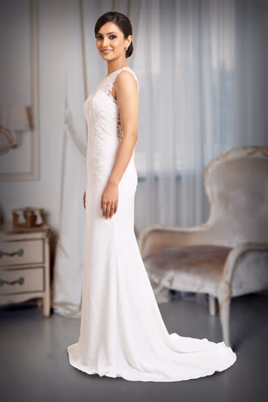 Pure White Lace Appliqué Illusion Sheer Neckline Fitted Bridal Gown with Subtle Train — view 3 of 3