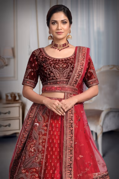 Rani Pink Colour Heavy Embroidery Jarkan Work  Velvet Lehenga — view 1 of 3