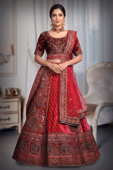 Rani Pink Colour Heavy Embroidery Jarkan Work  Velvet Lehenga — view 2 of 3