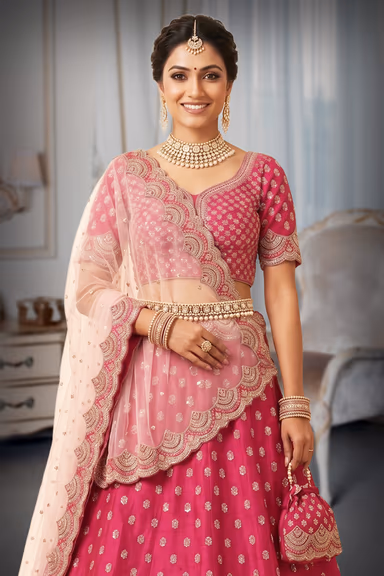 Rani Pink Lehenga with Silver Thread Work and Scalloped Hem — view 1 of 3