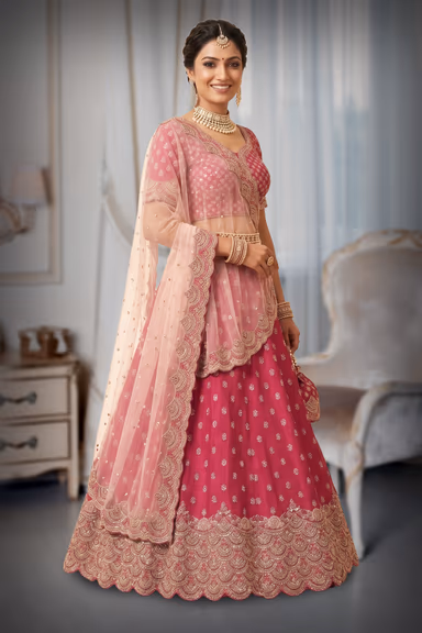 Rani Pink Lehenga with Silver Thread Work and Scalloped Hem — view 3 of 3