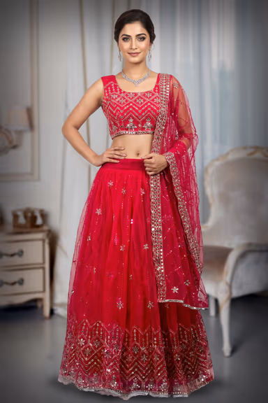 Rani pink Net Lehenga With Minimal Mirror Work Detailing With Sleeveless Blouse And Same Colour Dupatta — view 2 of 3