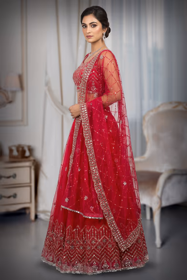 Rani pink Net Lehenga With Minimal Mirror Work Detailing With Sleeveless Blouse And Same Colour Dupatta — view 3 of 3