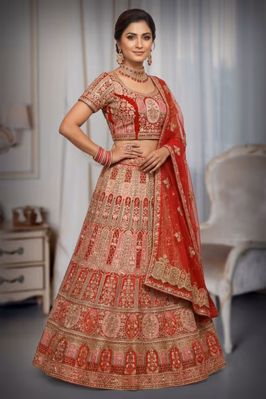 Red Heavy Worked Bridal Lehenga With Magenta Pink Border Details And Double Dupatta — view 3 of 3
