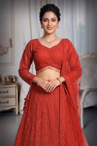 Cherry Red Heavy Beads Worked Bridal Lehenga — view 1 of 3