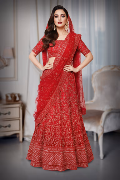 Crimson Red Heavy Embroidered Bridal Net Lehenga Choli with Matching Dupatta — view 2 of 3
