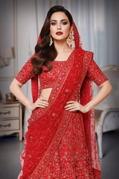 Crimson Red Heavy Embroidered Bridal Net Lehenga Choli with Matching Dupatta — view 1 of 3