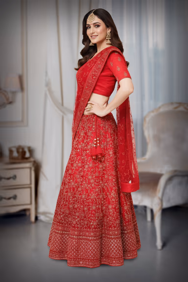 Crimson Red Heavy Embroidered Bridal Net Lehenga Choli with Matching Dupatta — view 3 of 3