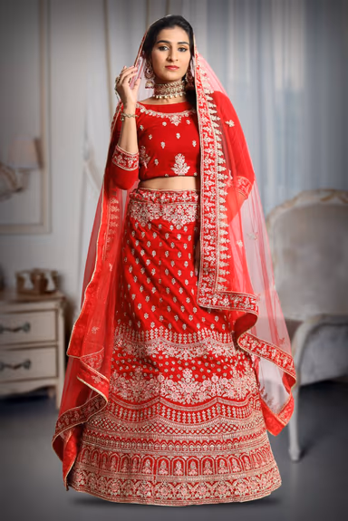 Red embroidery velvet lehenga — view 2 of 5