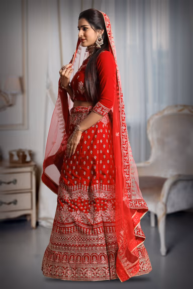 Red embroidery velvet lehenga — view 4 of 5