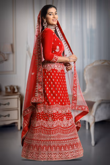 Red embroidery velvet lehenga — view 3 of 5