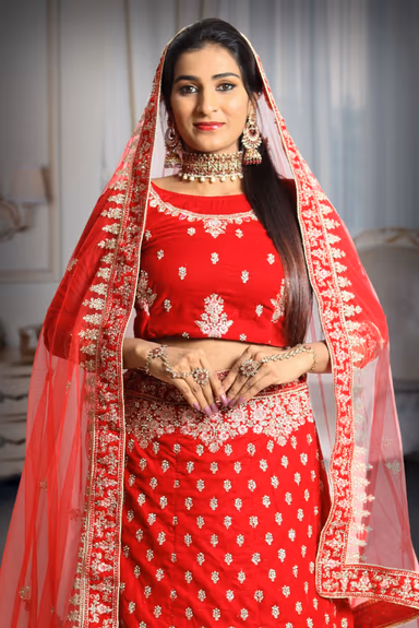 Red embroidery velvet lehenga — view 1 of 5