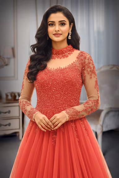 Bright Red Tulle Gown with Embroidered Illusion Bodice and Ruffled Hem — view 1 of 2