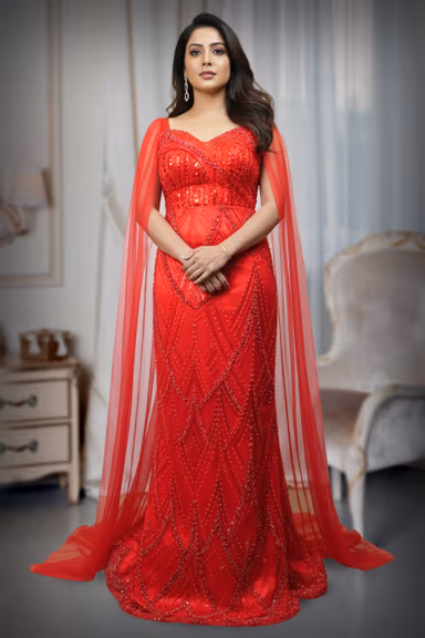 Scarlet Embellished Gown with Cascading Cape — view 2 of 4