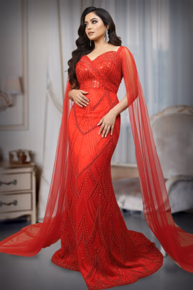 Scarlet Embellished Gown with Cascading Cape — view 3 of 4