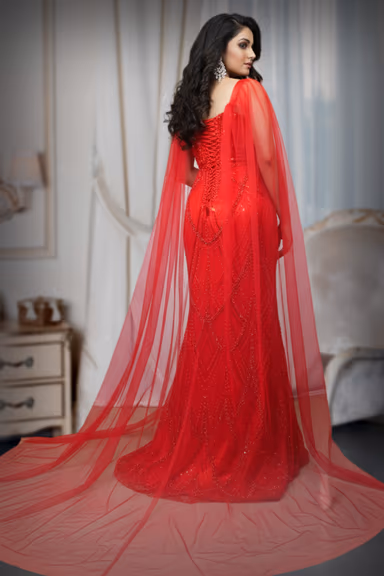Scarlet Embellished Gown with Cascading Cape — view 4 of 4
