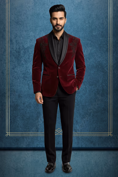 Red Velvet Groom Suit with Floral Sugar Bead Work and Black Detailing — view 1 of 3