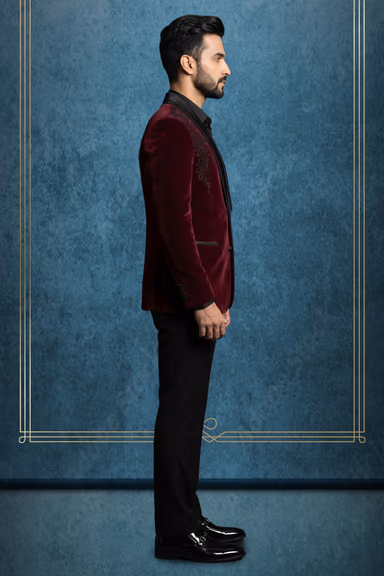 Red Velvet Groom Suit with Floral Sugar Bead Work and Black Detailing — view 3 of 3