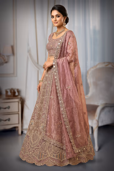 Regal Dusty Mauve Kalidar Lehenga Choli Set with Multicolour Resham and Zari Embroidery — view 3 of 3