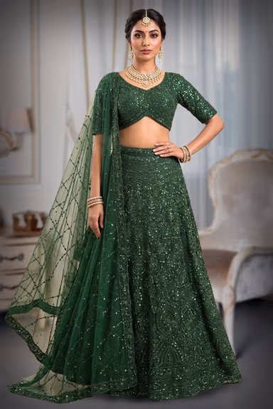 Regal Emerald Green Heavily Embellished Net Lehenga Choli with Concentric Sequin Motifs and Bead Fringe — view 2 of 2