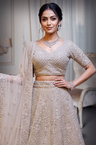 Regal Ivory Lehenga with Intricate Zardozi, Sequins, and Stone Embroidery — view 1 of 2
