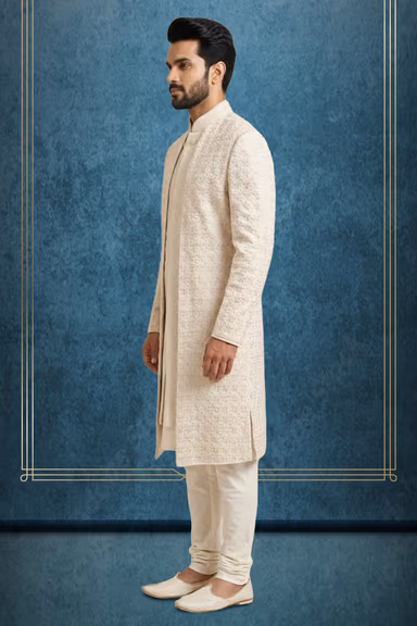Regal Off-White Silk Sherwani Set with All-Over Chikankari Threadwork & Sequin Detailing — view 3 of 3
