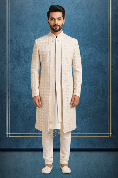 Regal Off-White Silk Sherwani Set with All-Over Chikankari Threadwork & Sequin Detailing — view 1 of 3