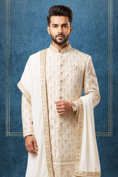 Regal Pearl Off-White Silk Sherwani with Gold Zardozi Arch Lattice & Floral Bootis — view 2 of 3