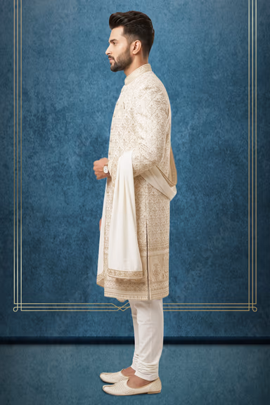 Regal Pearl Off-White Silk Sherwani with Gold Zardozi Arch Lattice & Floral Bootis — view 3 of 3