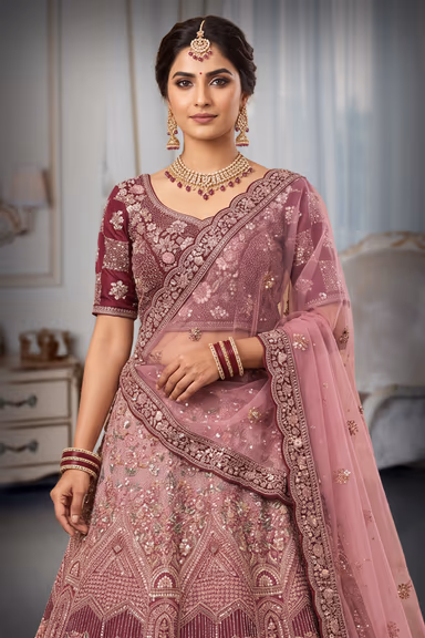 Rose Pink  Embroidered Bridal Lehenga — view 1 of 2