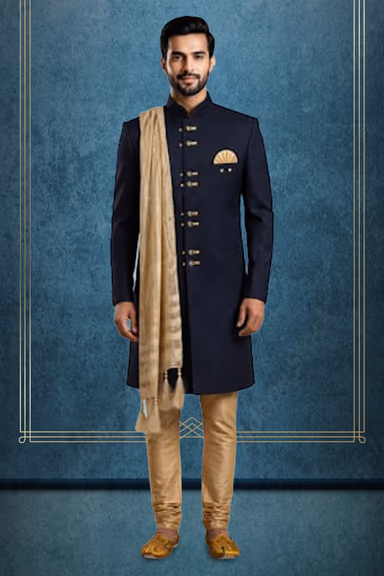 Royal Black Sherwani with Golden Buttons and Embroidered Dupatta for Weddings — view 1 of 3