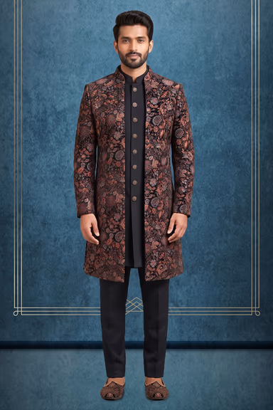 Royal Black Velvet Open-Front Sherwani Jacket with Multicolor Floral Threadwork — view 1 of 2