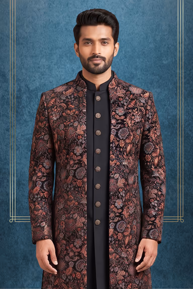 Royal Black Velvet Open-Front Sherwani Jacket with Multicolor Floral Threadwork — view 2 of 2