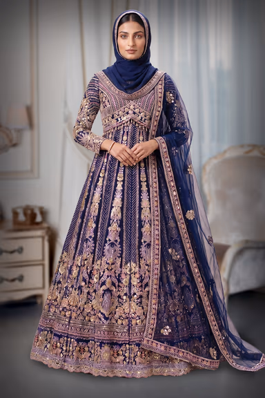 Royal Blue & Multi-Toned Gold Zardozi Heavily Embroidered Lehanga  Set with Net Dupatta — view 3 of 3