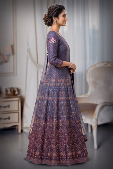 Royal Blue Printed Silk-Blend Anarkali Gown with Matching Net Dupatta — view 3 of 3