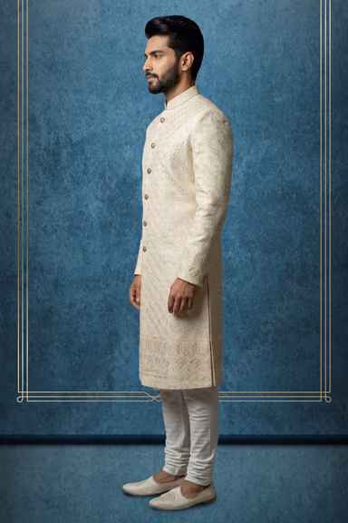 Royal Ivory-Cream Silk Sherwani with All-Over Geometric Thread Embroidery — view 3 of 3