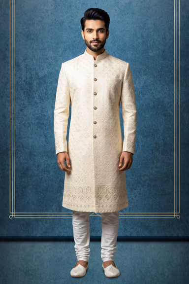 Royal Ivory-Cream Silk Sherwani with All-Over Geometric Thread Embroidery — view 1 of 3