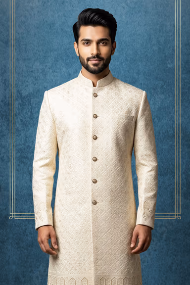 Royal Ivory-Cream Silk Sherwani with All-Over Geometric Thread Embroidery — view 2 of 3