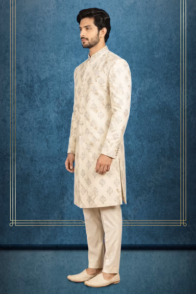 Royal peach Sherwani with Traditional Embroidery and Contrasting Maroon Dupatta — view 3 of 3