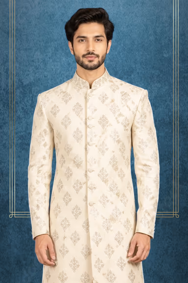 Royal peach Sherwani with Traditional Embroidery and Contrasting Maroon Dupatta — view 2 of 3