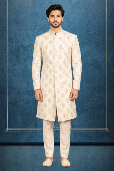 Royal peach Sherwani with Traditional Embroidery and Contrasting Maroon Dupatta — view 1 of 3