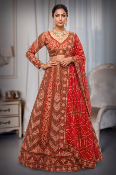Royal Scarlet Silk Lehenga Set with Geometric Zardosi & Floral Artistry — view 2 of 2